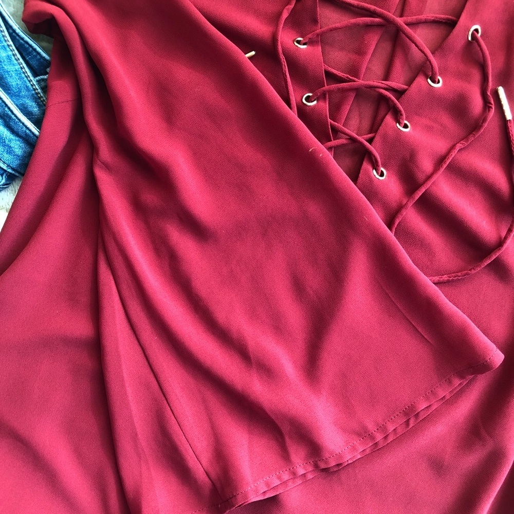 Burgundy Lace-up Bell Sleeve Blouse - Picture 4 of 7